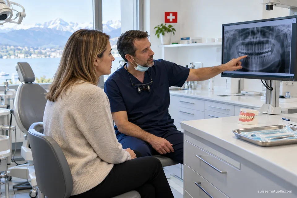 Ein Zahnarzt erklärt einer Patientin ein Panoramaröntgenbild in einer ausgestatteten Praxis.