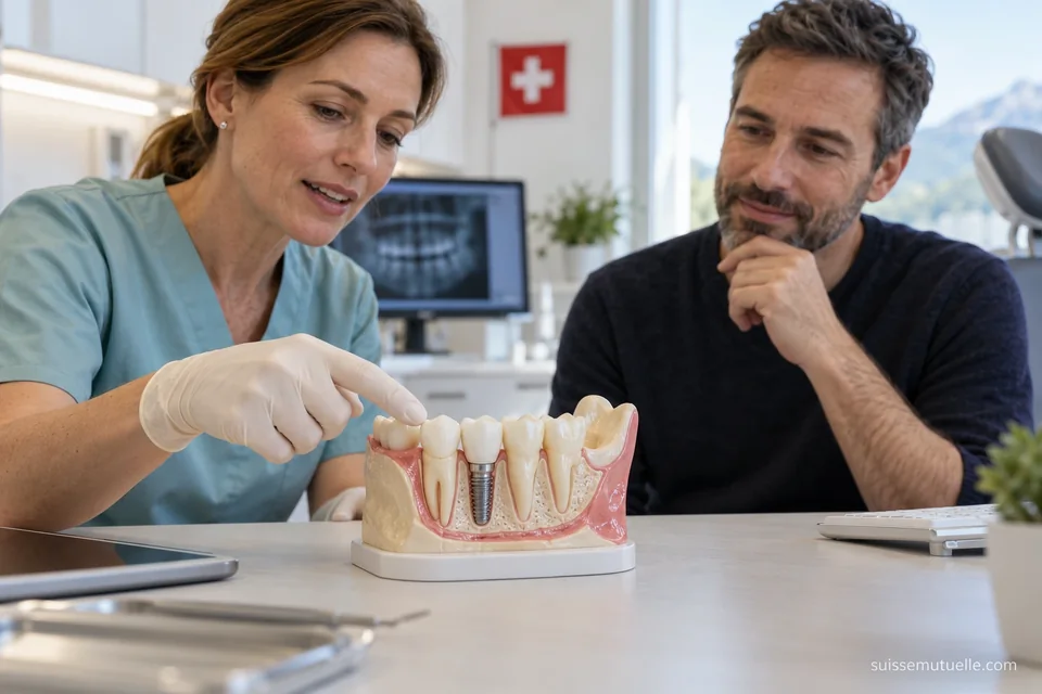 Une professionnelle dentaire montre un modèle en coupe avec un implant à un patient, dans un cabinet portant un drapeau suisse.