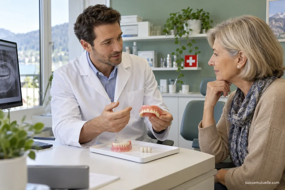 Un dentiste présente une prothèse amovible à une femme âgée, avec d’autres prothèses sur un plateau et un drapeau suisse.