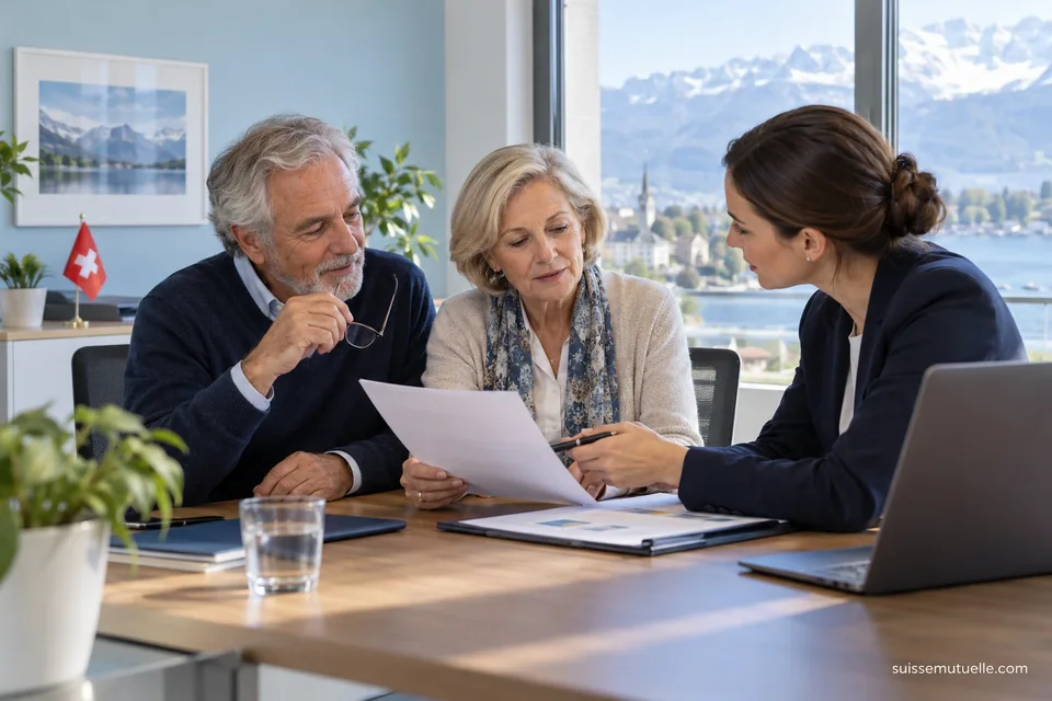 Un couple de seniors consulte des documents avec une conseillère dans un bureau suisse.