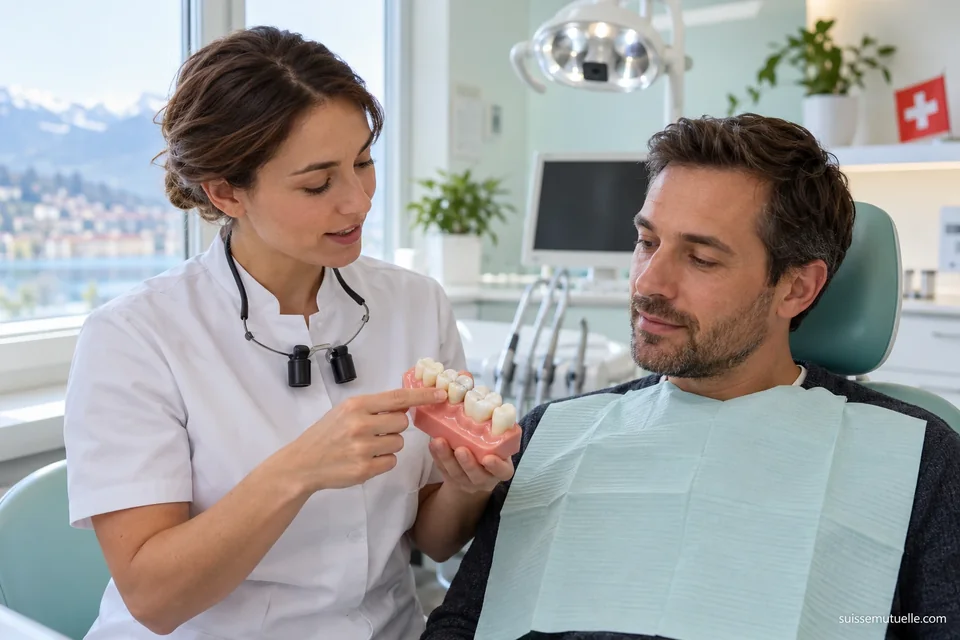 Eine Zahnärztin zeigt einem Patienten ein Backenzahnmodell mit einem restaurierten Zahn.
