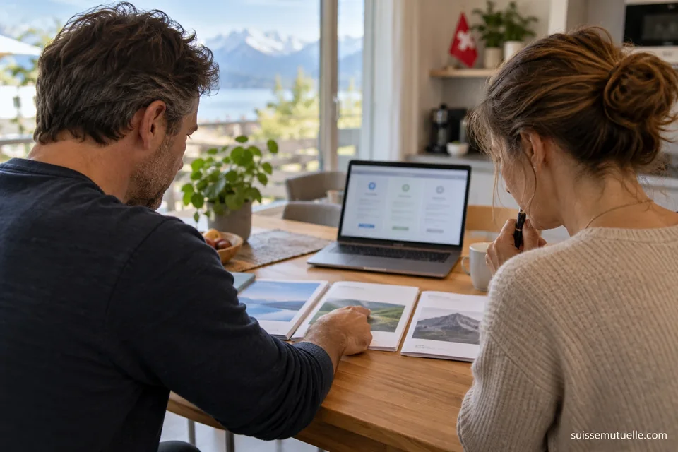 Deux adultes examinent des brochures devant un ordinateur affichant trois colonnes de comparaison, avec un drapeau suisse en arrière-plan.