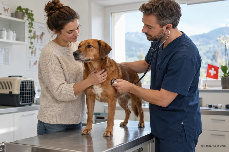 Ein Tierarzt untersucht mit einem Stethoskop einen Hund, den seine Halterin behutsam festhält.
