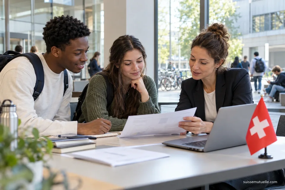 Deux jeunes adultes consultent un document avec une conseillère dans un espace universitaire, près d’un ordinateur et d’un drapeau suisse.