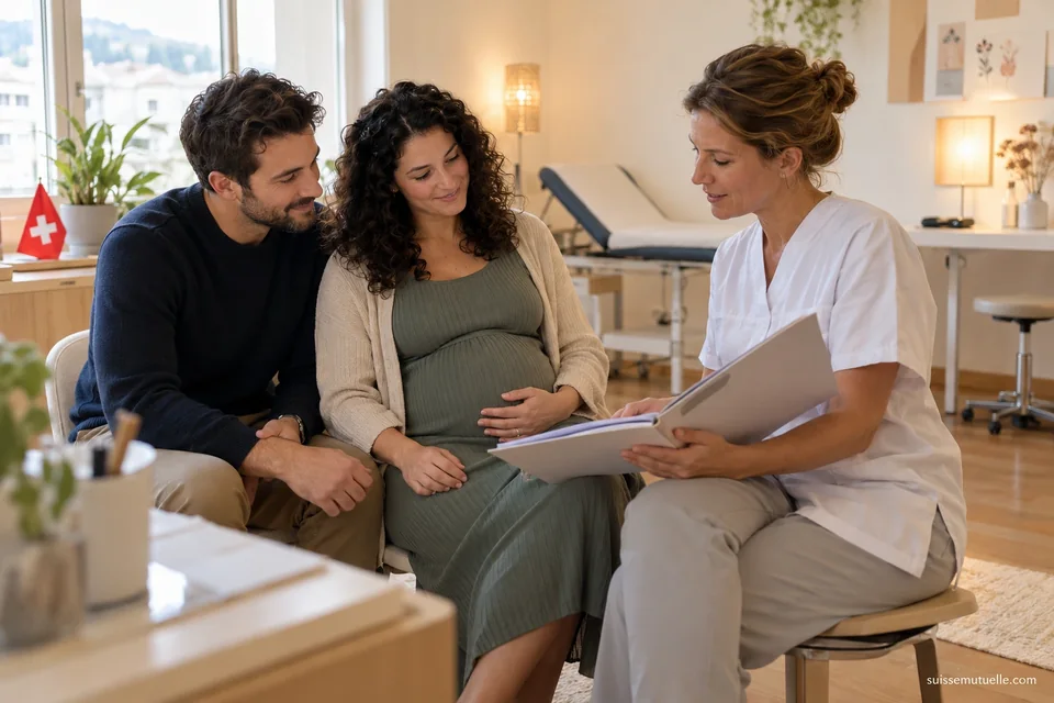 Une femme enceinte et son compagnon échangent avec une soignante autour d’un dossier dans un cabinet portant un drapeau suisse.