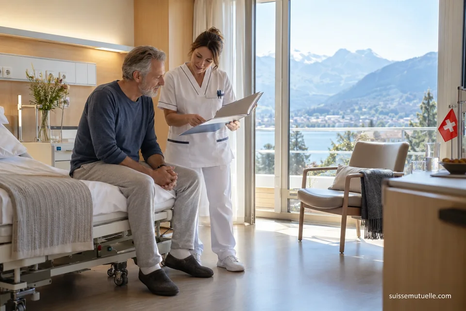 Un homme assis sur un lit d’hôpital écoute une soignante dans une chambre lumineuse avec un drapeau suisse.