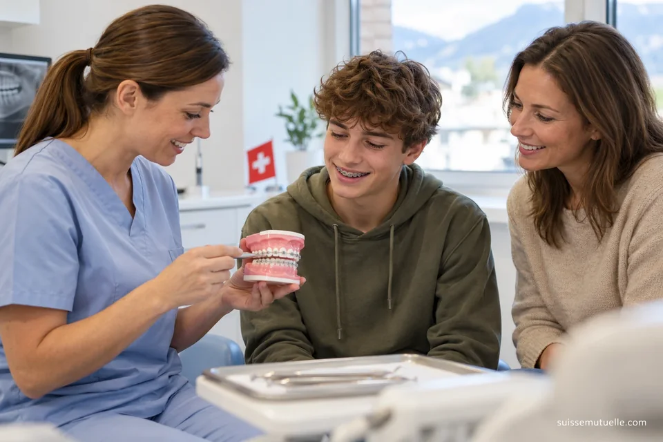 Ein Jugendlicher mit Zahnspange und eine erwachsene Begleitperson betrachten ein kieferorthopädisches Modell.