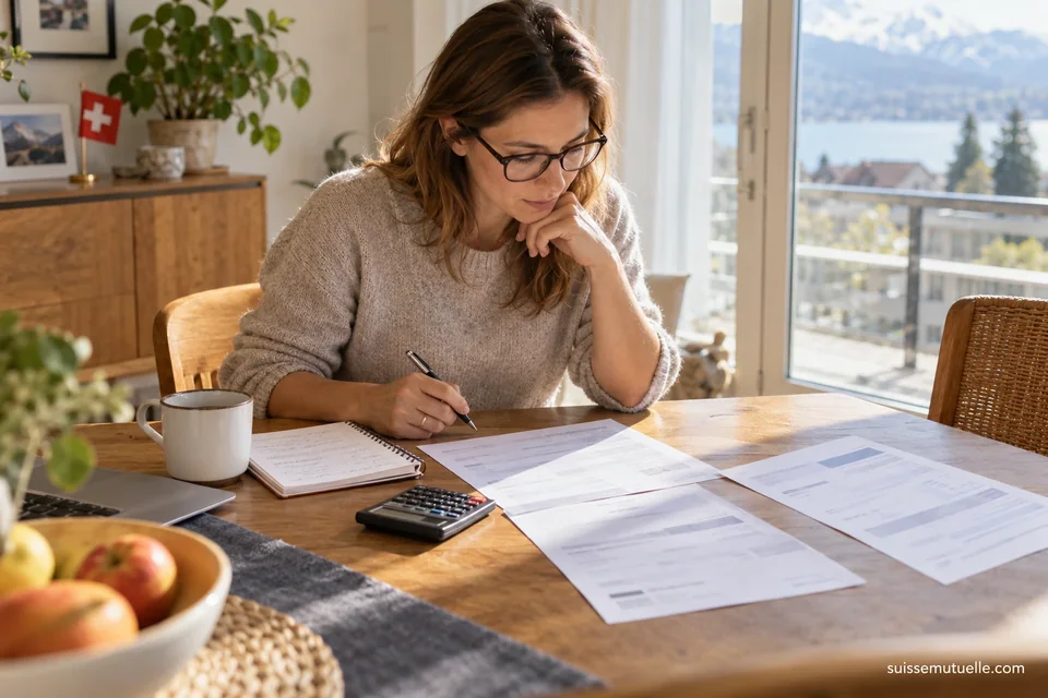 Une femme étudie plusieurs documents à sa table avec un carnet, un stylo et une calculatrice, devant un drapeau suisse.